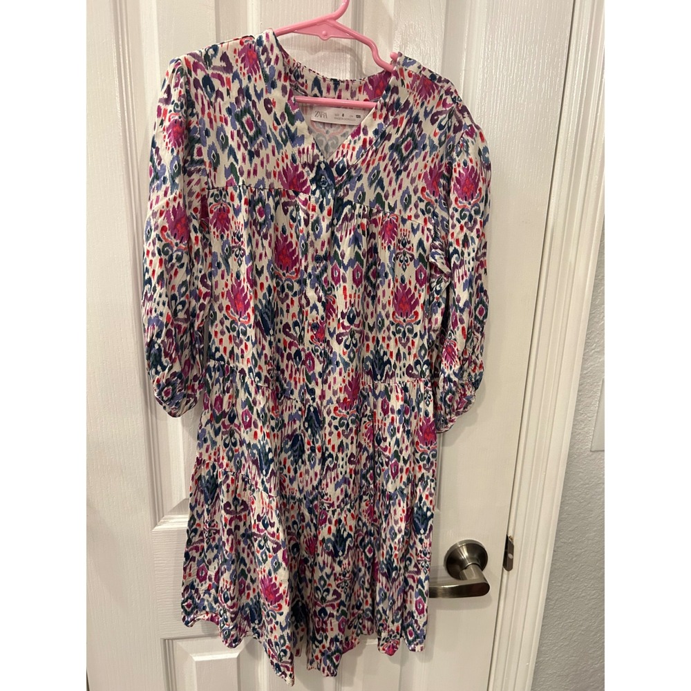 Zara Tiered Dress Multicolor Abstract Ikat Print Button Front‎ Boho Kids Size 8